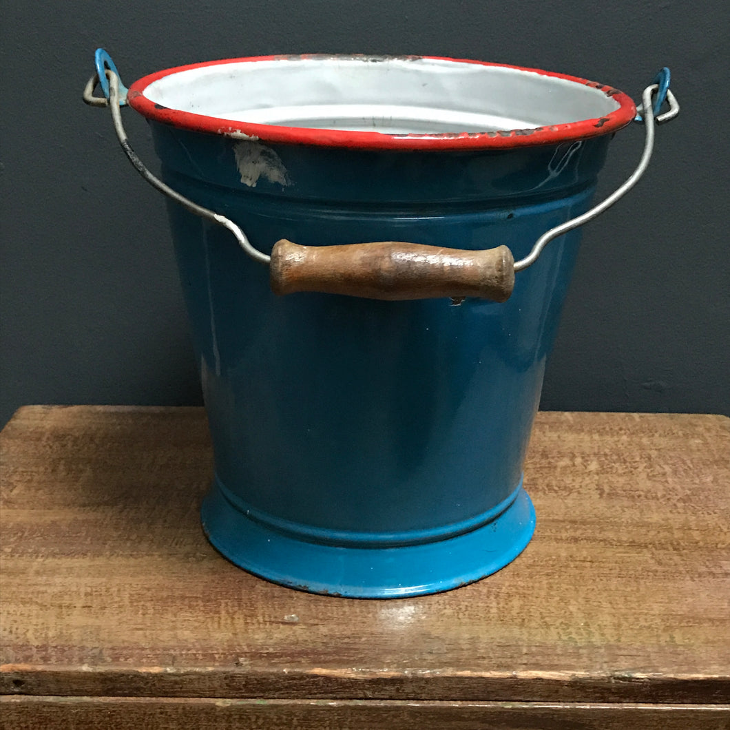 SOLD - Blue Enamel Bucket with red trim and wooden handle