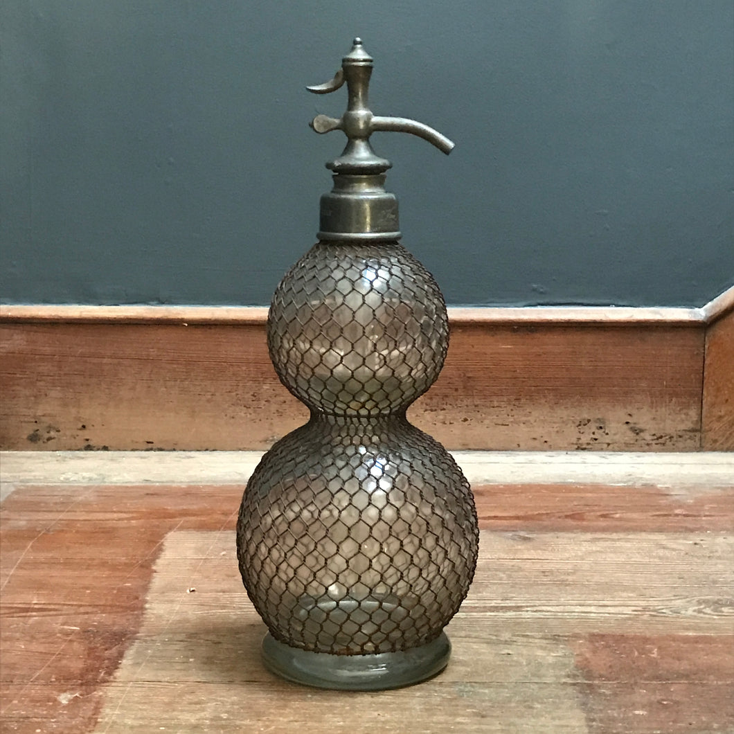 SOLD - French Glass Siphon with mesh case