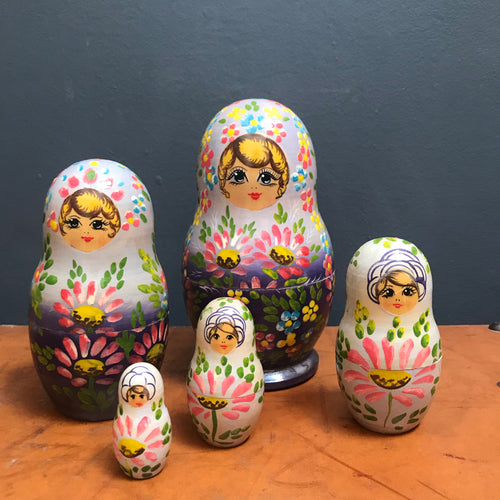 SOLD - Vintage Large Hand Painted Russian Doll - 5 Piece Set