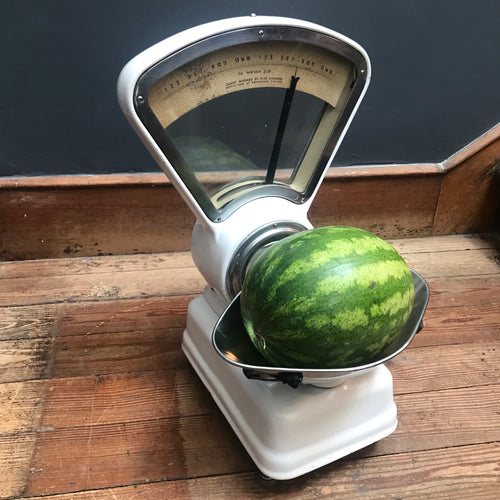 SOLD - White Enamel Avery Weighing Scales