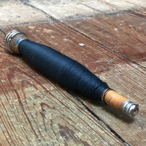 Vintage Wooden Bobbin Spool with Black Cotton