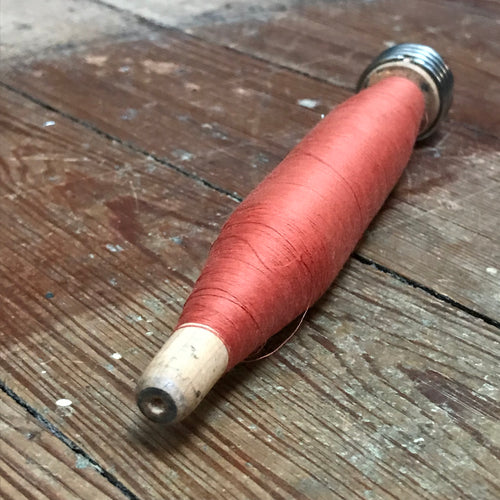 SOLD - Vintage Wooden Bobbin Spool with Rust Cotton