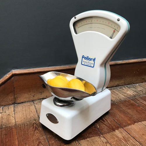 SOLD - White Enamel Pollard Weighing Scales