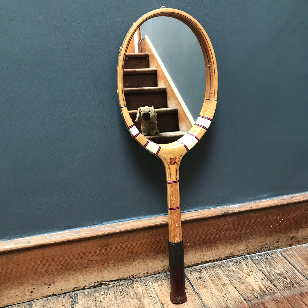 SOLD - Vintage Tennis Racket Mirror - “Rubber Shop, Aberdeen”
