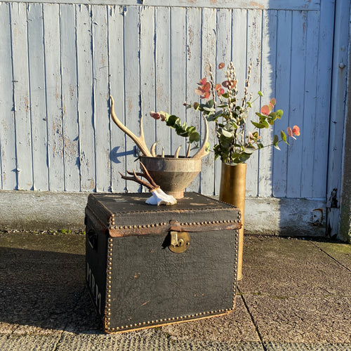 SOLD - Antique Leather Trunk with brass studs